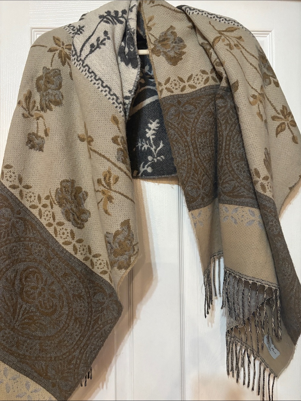 Italian Soft Winter Floral Woven Wrap Scarf - Gray, Beige & Brown